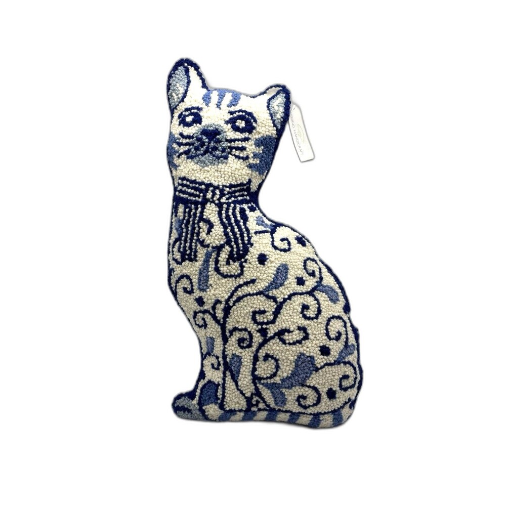 Peking Handicraft Chinoiserie Cat Shaped Wool Looped Yarn Face Pillow 12" X 20"
